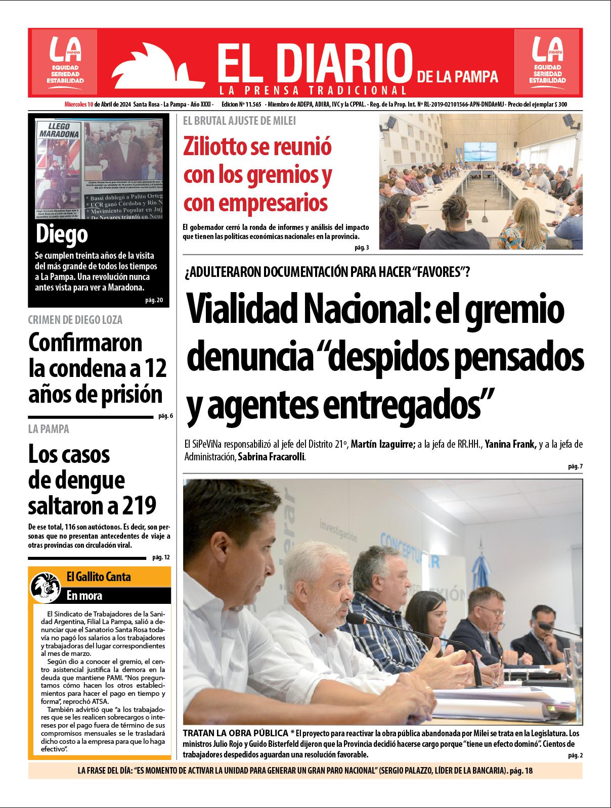 Tapa de El Diario en papel  mieacutercoles 10 de abril de 2024